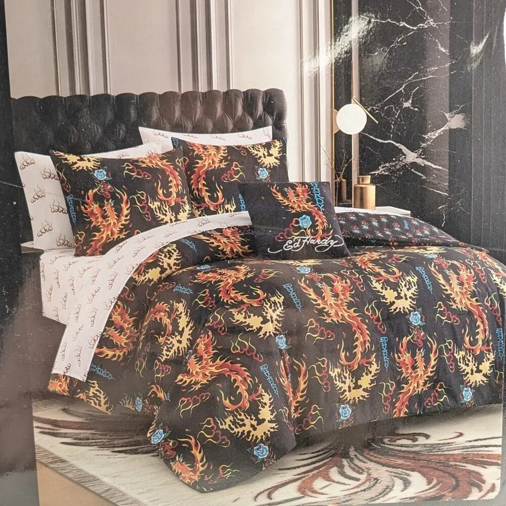 Ed Hardy Queen Roses Flames Black Comforter Set Shams, Pillow, Sheets